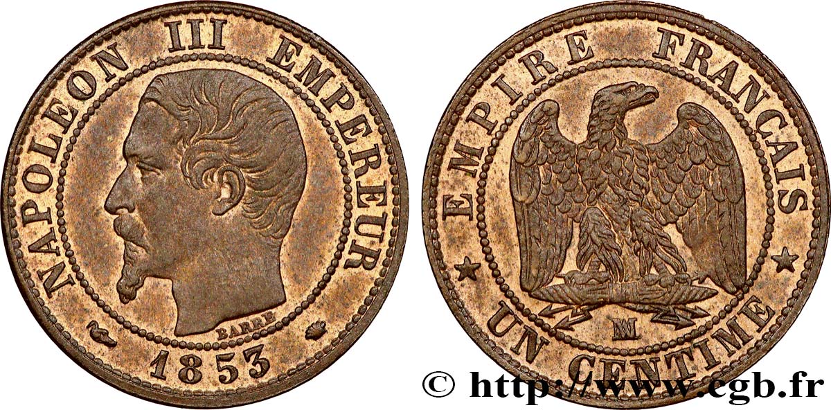 Un centime Napoléon III, tête nue 1853 Marseille F.102/7 fST63 