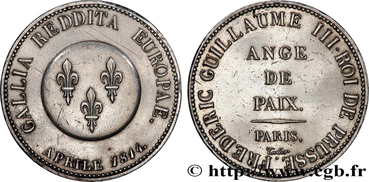 Ange de Paix, module de 5 francs pour Frédéric-Guillaume de Prusse en argent 1814 Paris Maz.771  TTB+ 