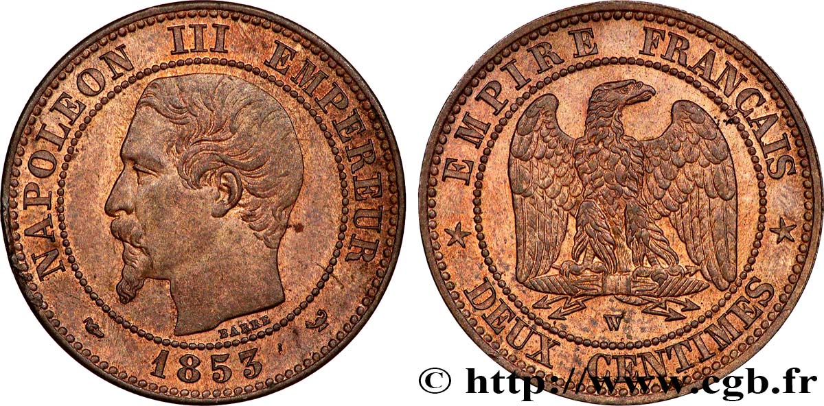 Deux centimes Napoléon III, tête nue 1853 Lille F.107/8 AU58 