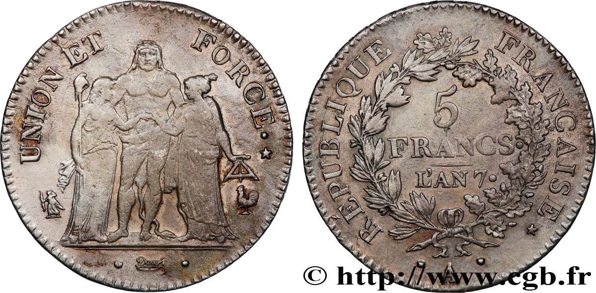 5 francs Union et Force, Union serré, seulement gland extérieur 1799 Paris F.288/98 BB/q.SPL 