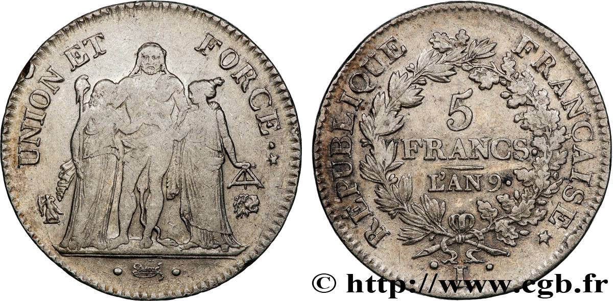 5 francs Union et Force, Union serré, avec glands intérieurs et gland extérieur 1801 Bayonne F.288/161 VF 