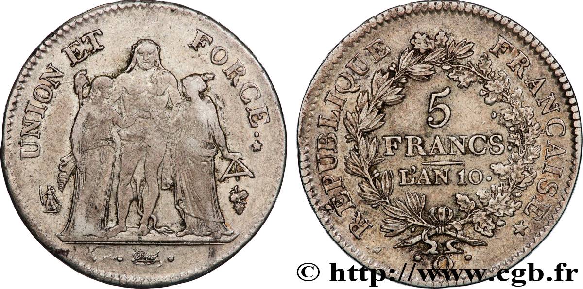 5 francs Union et Force, Union serré, avec glands intérieurs et gland extérieur 1802 Perpignan F.288/183 XF40 