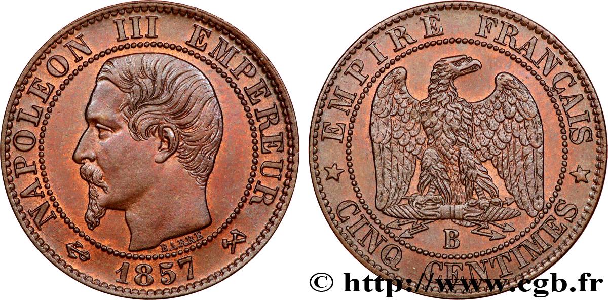 Cinq centimes Napoléon III, tête nue 1857 Rouen F.116/38 SPL+ 