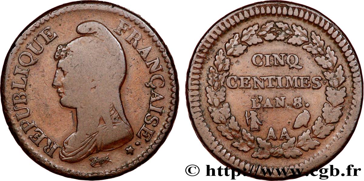 Cinq centimes Dupré, grand module, Hybride avec Droit et flan du UN DÉCIME 1800 Metz F.115/108 VF25 