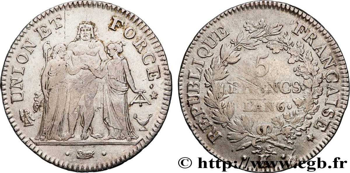 5 francs Union et Force, Union desserré, avec gland intérieur du bas et gland extérieur 1798 Bordeaux F.291/20 TB+ 