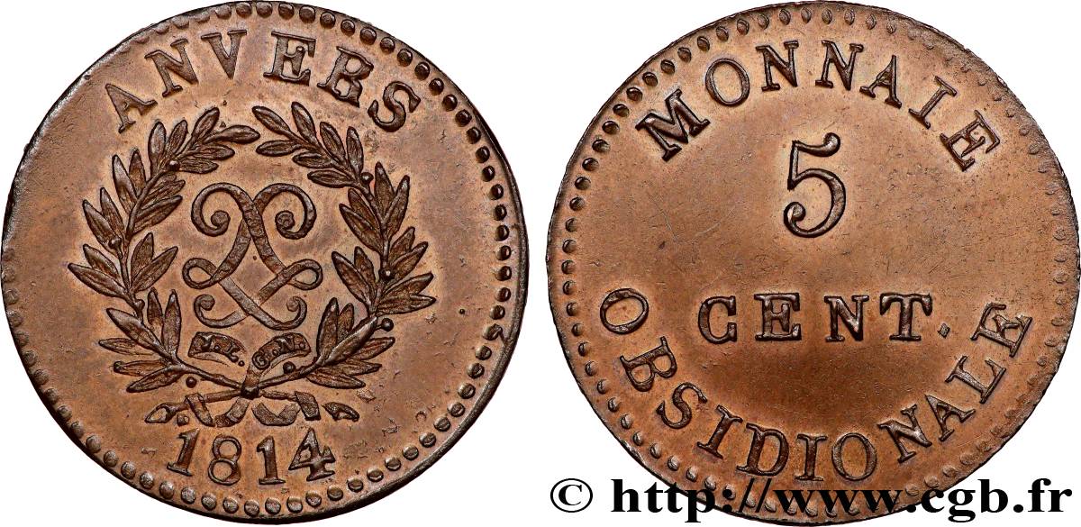 5 cent. Anvers au double L, frappe de l’arsenal de la marine - Frappe médaille 1814  Anvers F.115E/1 SUP60 