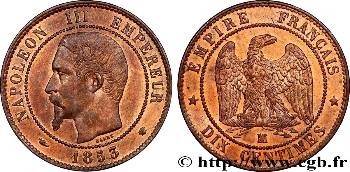 Dix Centimes Napoléon III tête nue 1853 Marseille F.133/8 SPL63 