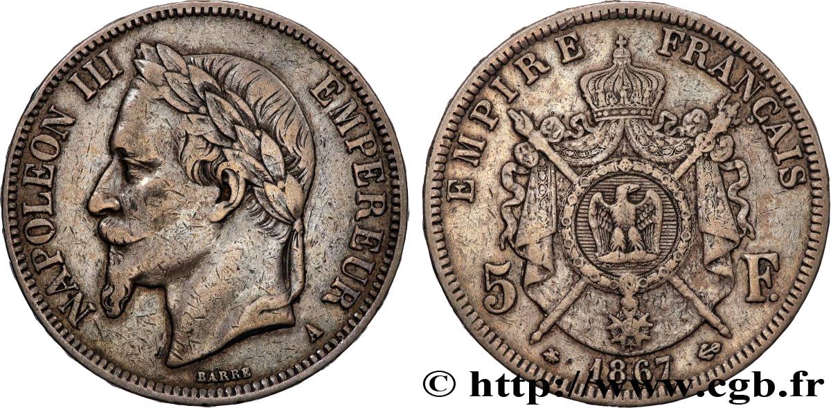 5 francs Napoléon III, tête laurée 1867 Paris F.331/10 TB+ 