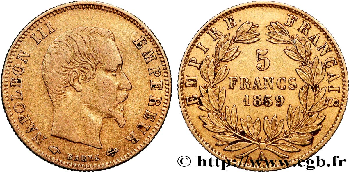 5 francs or Napoléon III, tête nue, grand module 1859 Paris F.501/7 TB+ 