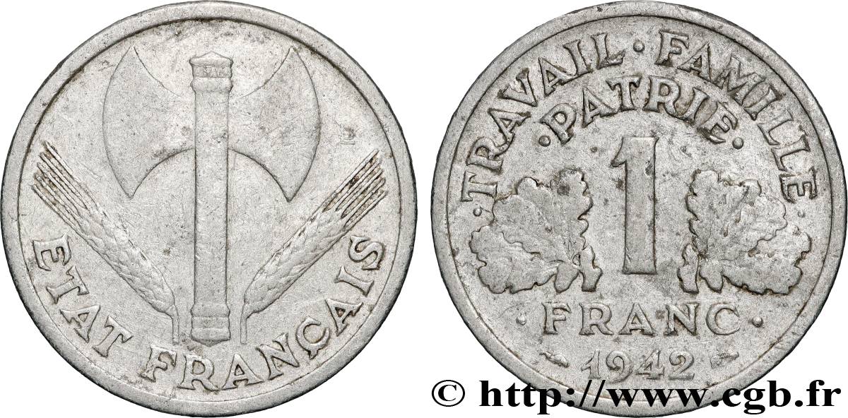 1 franc Francisque, lourde, Frappe Médaille 1942  F.222/3 var. TB 