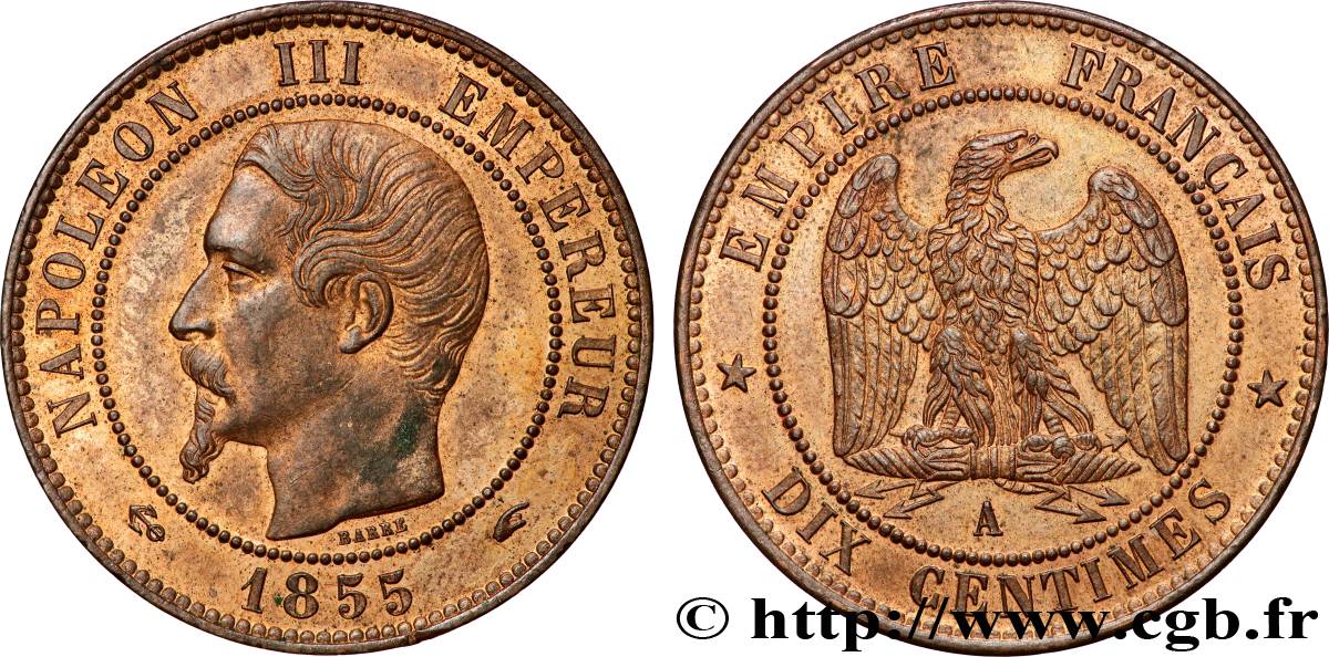 Dix centimes Napoléon III, tête nue 1855 Paris F.133/20 SUP62 