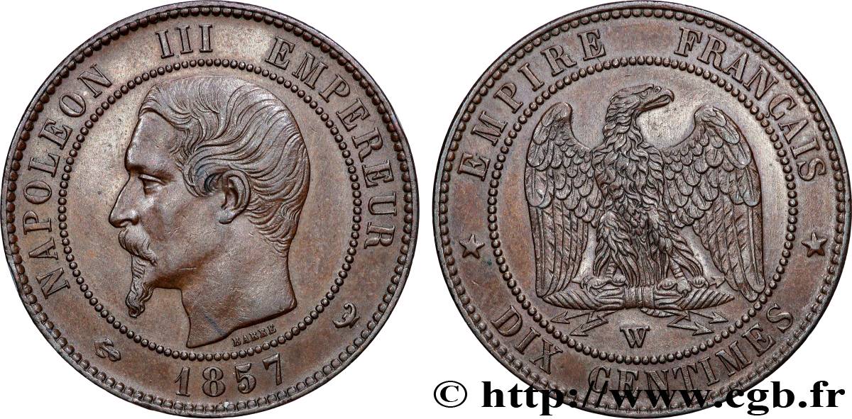 Dix centimes Napoléon III, tête nue 1857 Lille F.133/46 SUP60 