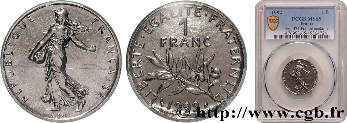 1 franc Semeuse, nickel, BU (Brillant Universel), frappe médaille 1992 Pessac F.226/39 MS65 PCGS