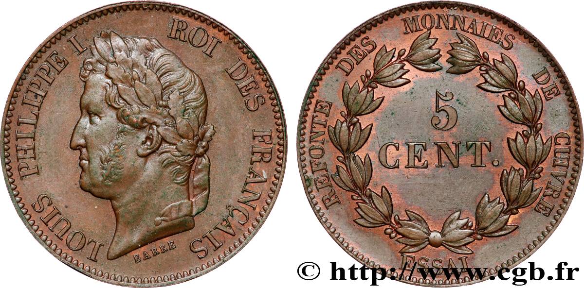 Essai de 5 centimes en bronze, signature BARRE  1840  VG.2917  SUP60 