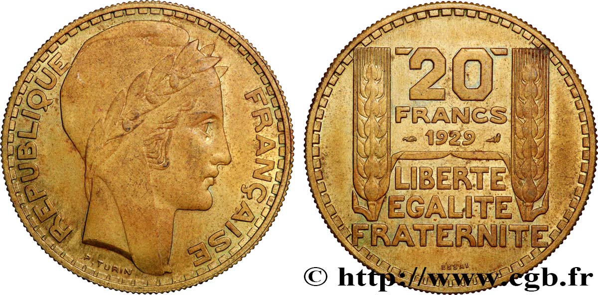 Essai de 20 francs Turin en bronze-aluminium 1929 Paris GEM.199 5 SUP 