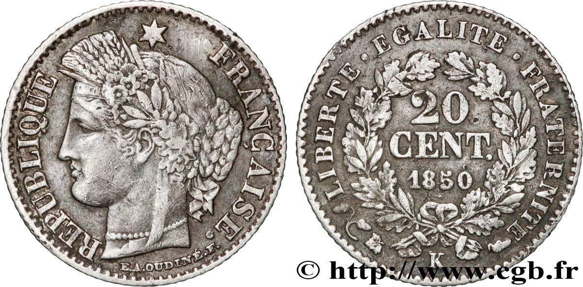 20 centimes Cérès, IIe République 1850 Bordeaux F.146/5 TTB 