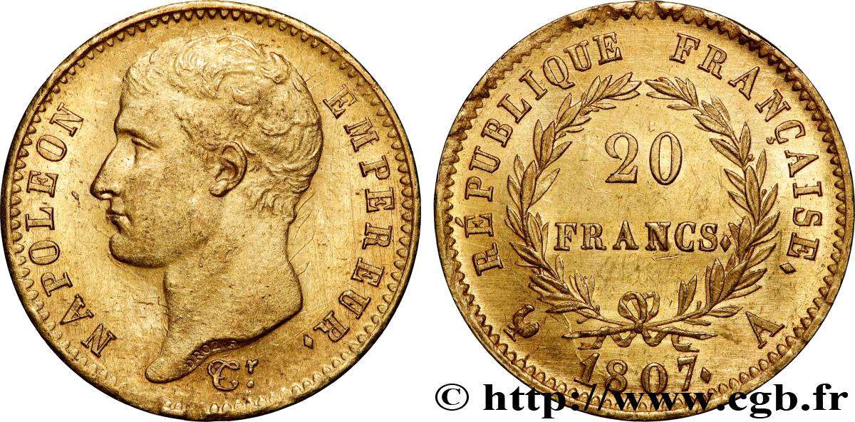 20 francs Napoléon tête nue, type transitoire 1807 Paris F.514/1 AU58 