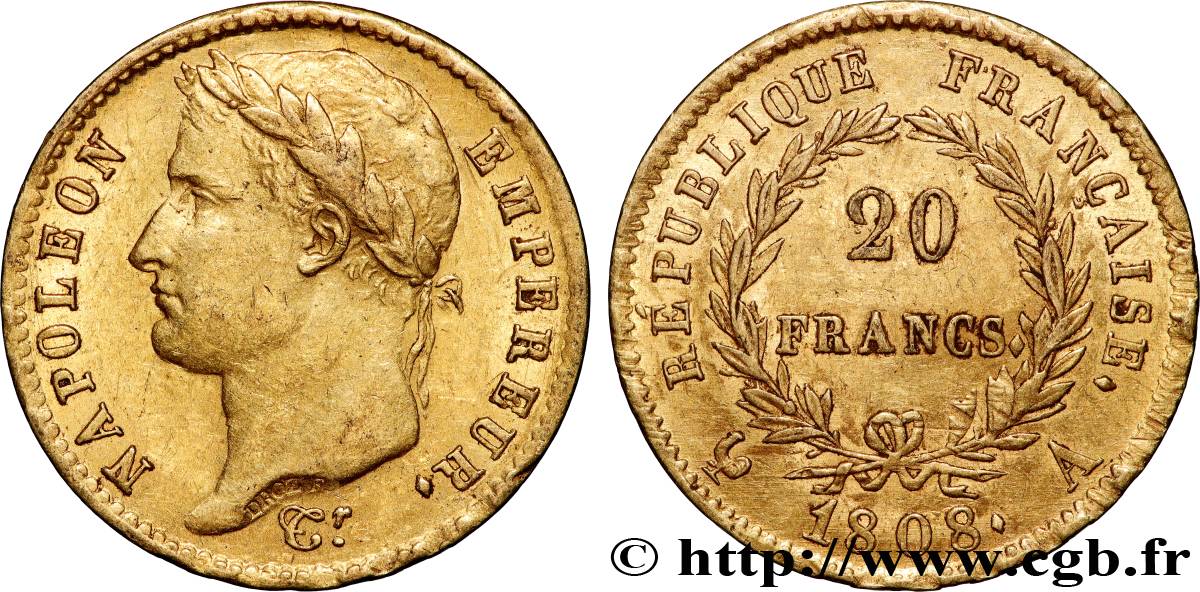 20 francs or Napoléon tête laurée, République française 1808 Paris F.515/2 AU50 