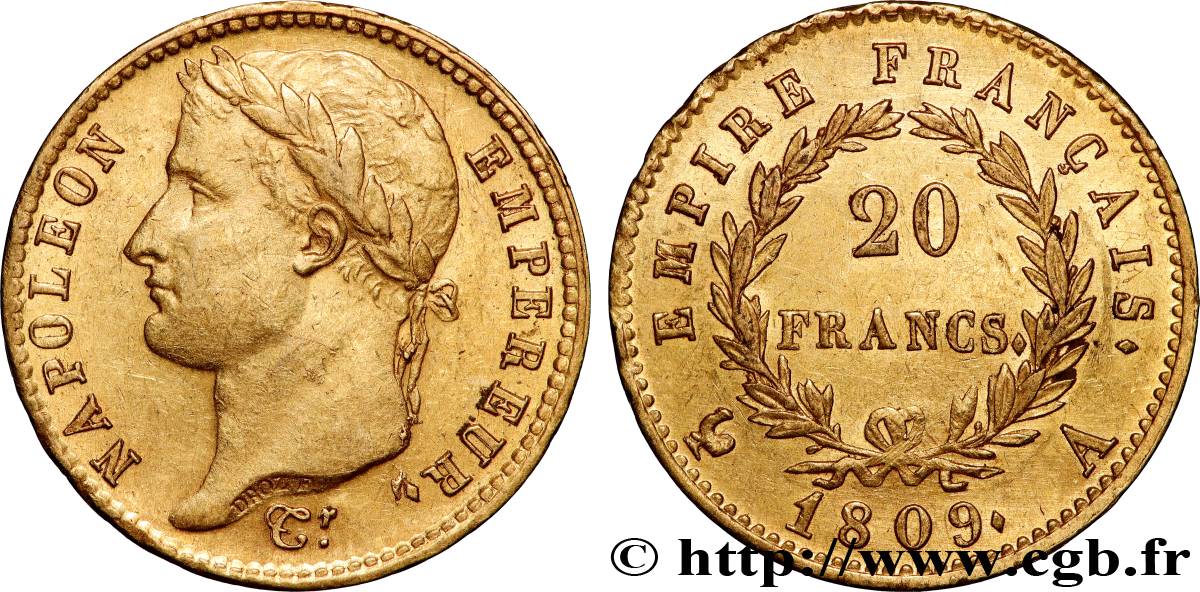 20 francs or Napoléon tête laurée, Empire français 1809 Paris F.516/1 AU55 