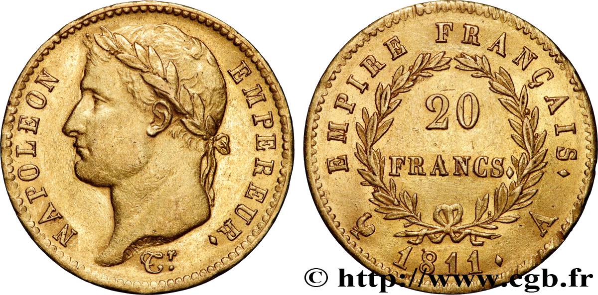 20 francs or Napoléon, tête laurée, Empire français 1811 Paris F.516/16 AU58 