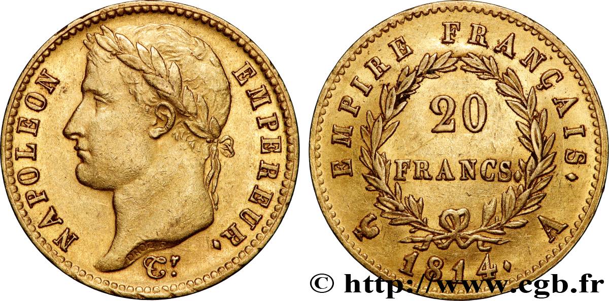 20 francs or Napoléon, tête laurée, Empire français 1814 Paris F.516/39 AU53 