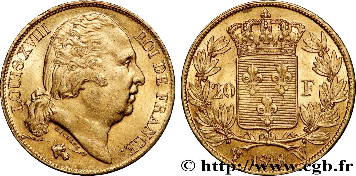 20 francs or Louis XVIII, tête nue 1818 Lille F.519/14 SC63 