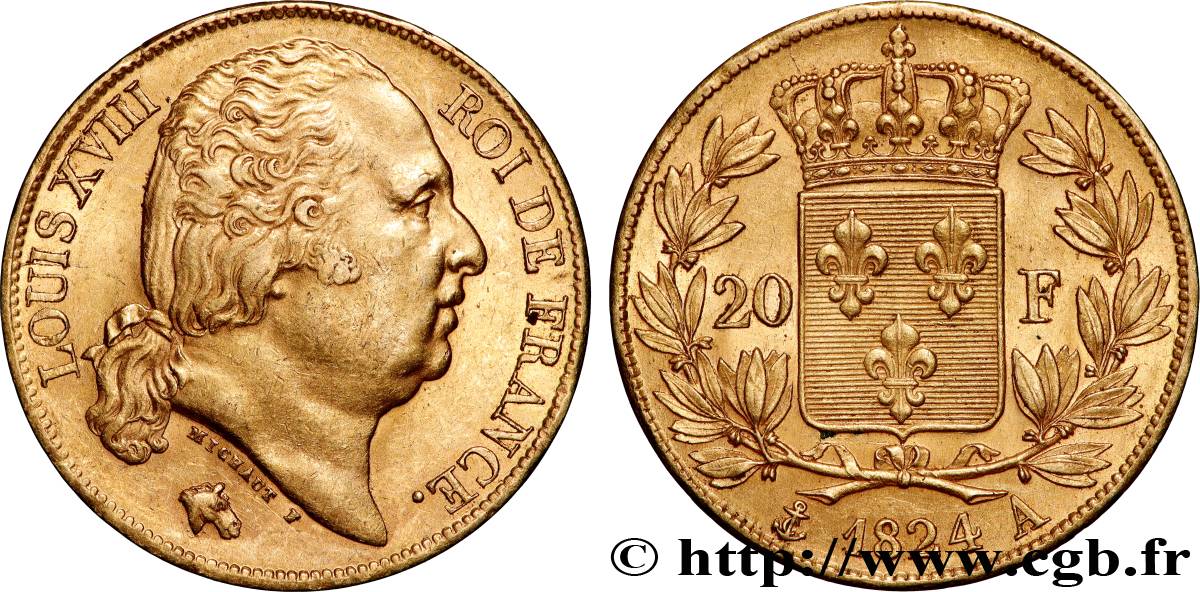 20 francs or Louis XVIII, tête nue 1824 Paris F.519/31 SUP58 