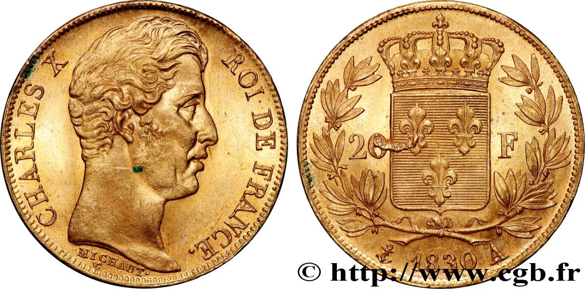 20 francs or Charles X, matrice du revers à quatre feuilles et demie, 1830/29 1830 Paris F.520/13 SPL63 