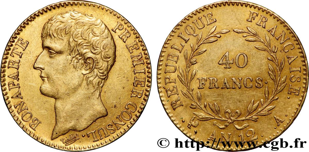 40 francs or Bonaparte Premier consul 1804 Paris F.536/6 AU53 