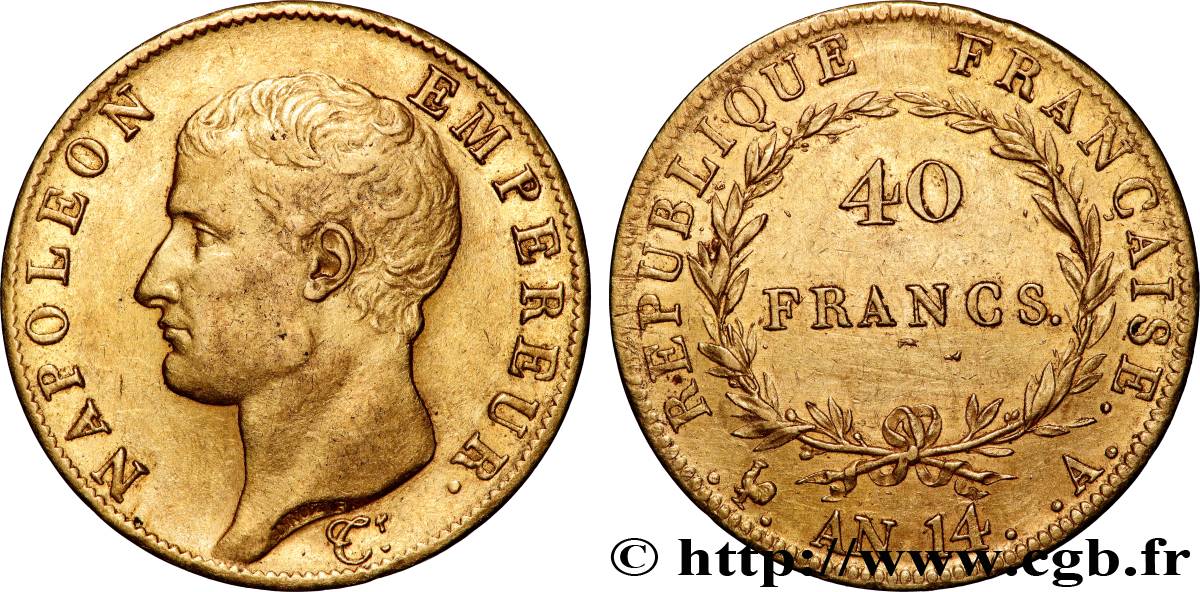 40 francs or Napoléon tête nue, Calendrier révolutionnaire 1805 Paris F.537/2 AU53 