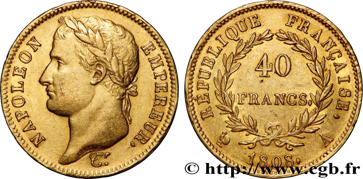 40 francs Napoléon Ier tête laurée, République française 1808 Paris F.540/2 TTB53 