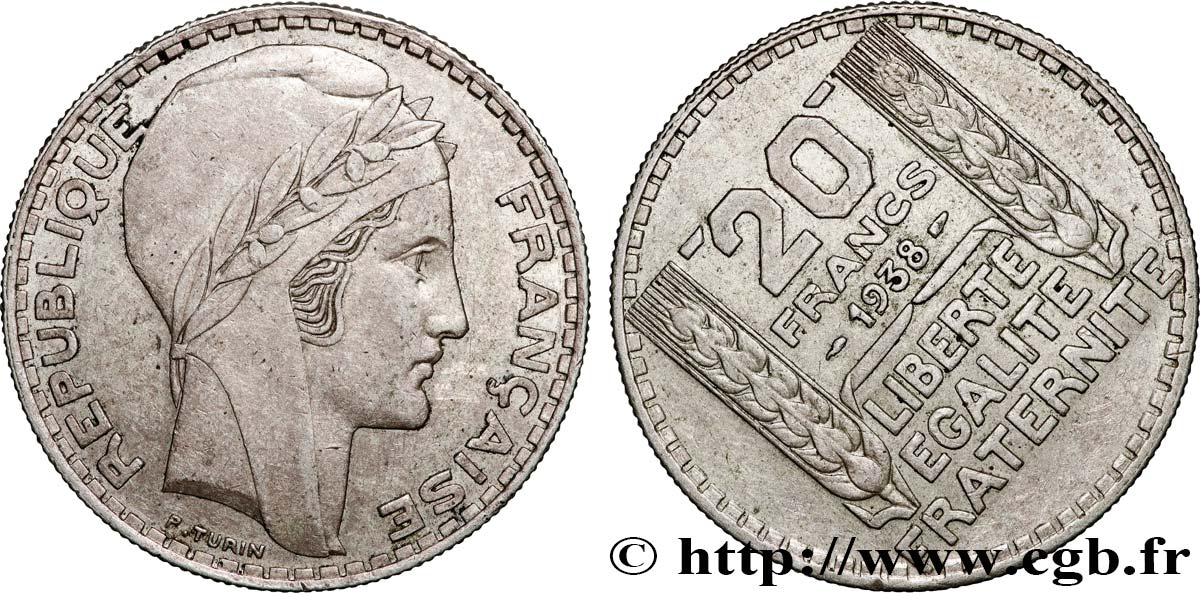 20 francs Turin, Coins Tournés -9 min/-54° 1938  F.400/9 var. TTB+ 