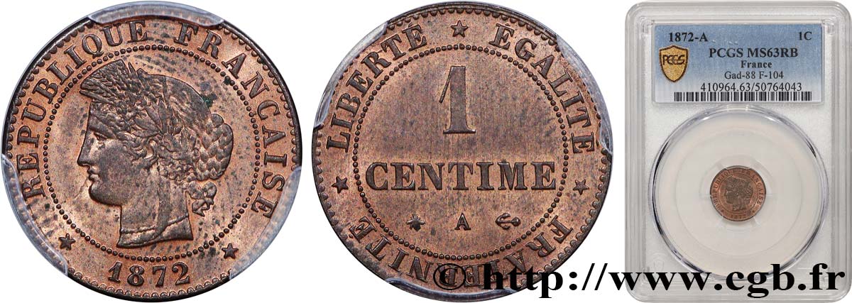 1 centime Cérès 1872 Paris F.104/1 MS63 PCGS