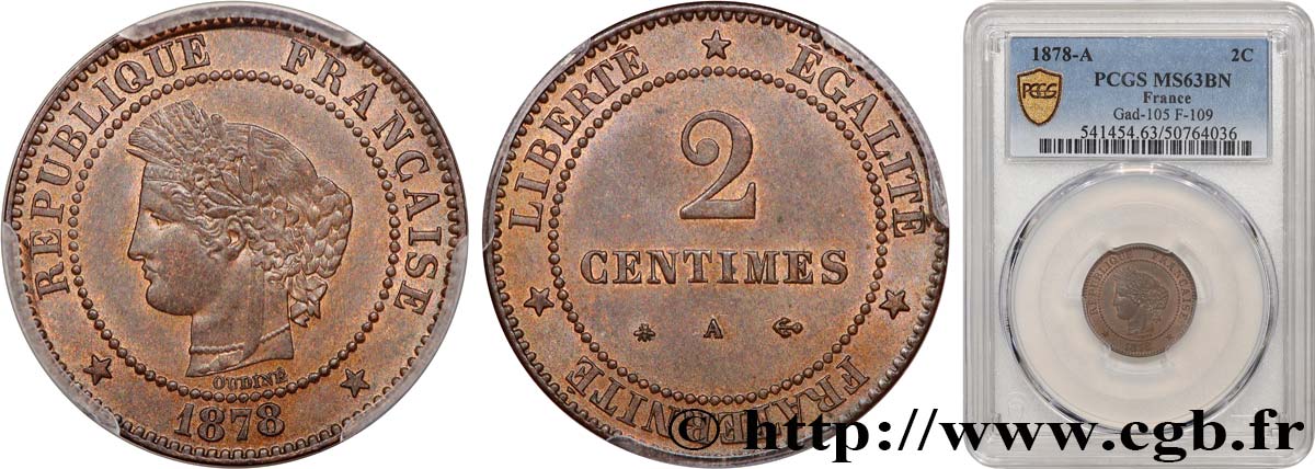 2 centimes Cérès 1878 Paris F.109/3 SC63 PCGS