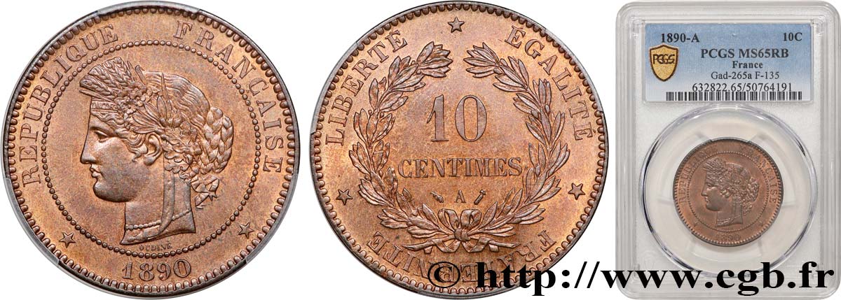 10 centimes Cérès 1890 Paris F.135/35 MS65 PCGS