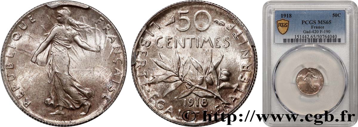 50 centimes Semeuse 1918 Paris F.190/25 MS65 PCGS