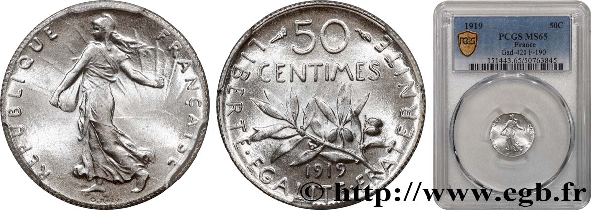 50 centimes Semeuse 1919  F.190/26 ST65 PCGS