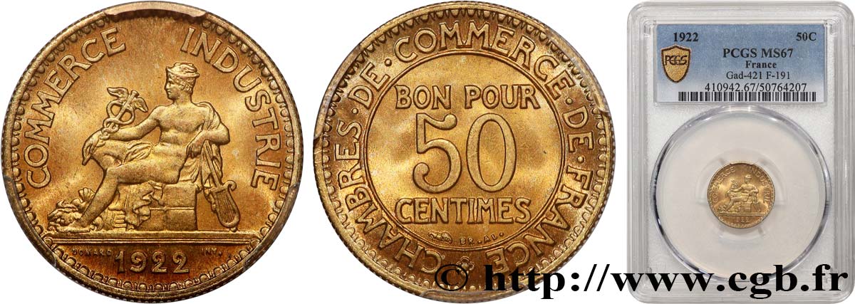 50 centimes Chambres de Commerce 1922 Paris F.191/4 FDC67 PCGS