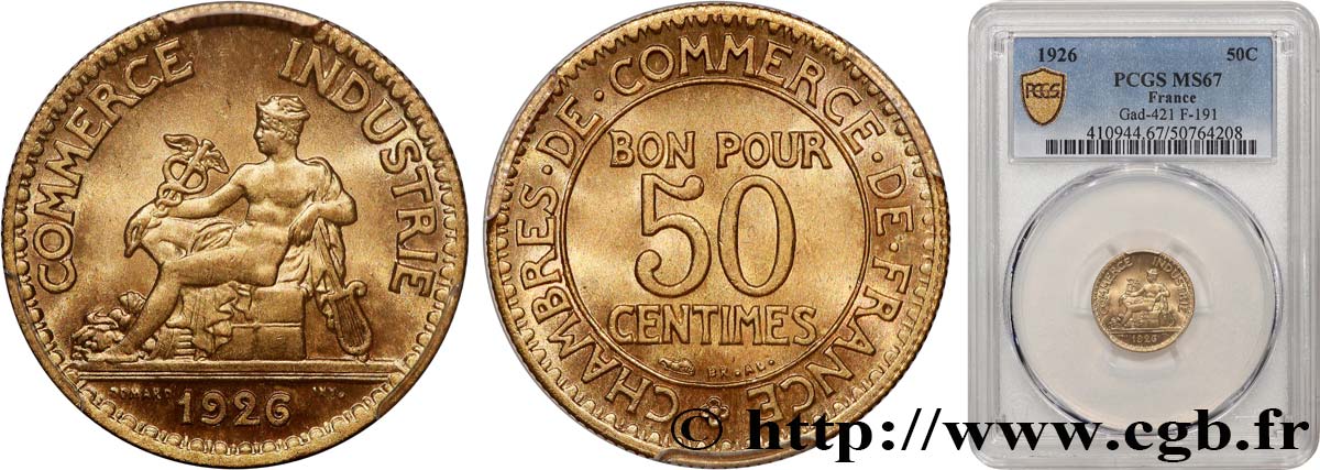 50 centimes Chambres de Commerce 1926 Paris F.191/8 MS67 PCGS