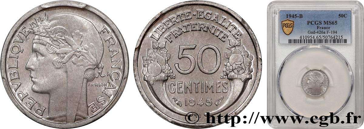 50 centimes Morlon, légère 1945 Beaumont-le-Roger F.194/6 MS65 PCGS