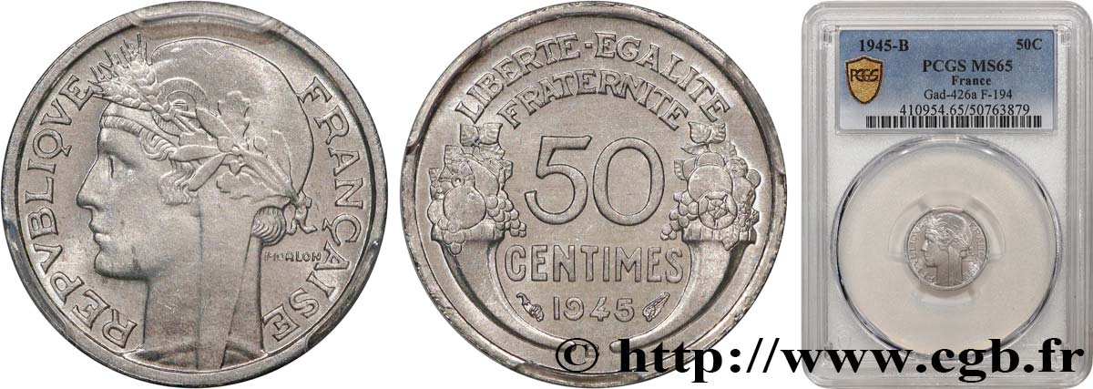 50 centimes Morlon, légère 1945 Beaumont-le-Roger F.194/6 ST65 PCGS