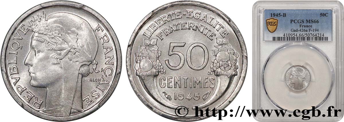 50 centimes Morlon, légère 1945 Beaumont-le-Roger F.194/6 MS66 PCGS