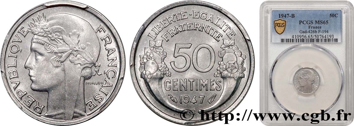 50 centimes Morlon, légère 1947 Beaumont-le-Roger F.194/11 MS65 PCGS