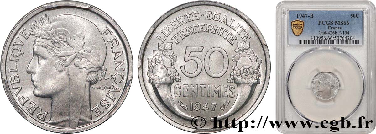50 centimes Morlon, légère 1947 Beaumont-le-Roger F.194/11 MS66 PCGS