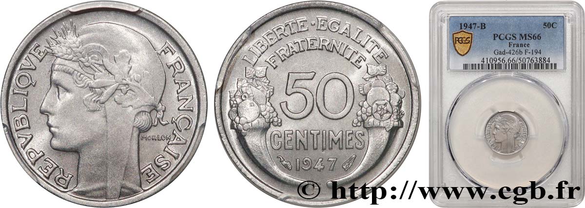 50 centimes Morlon, légère 1947 Beaumont-le-Roger F.194/11 MS66 PCGS