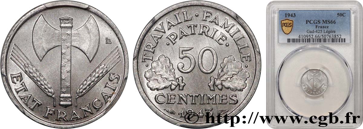 50 centimes Francisque, légère 1943  F.196/2 FDC66 PCGS