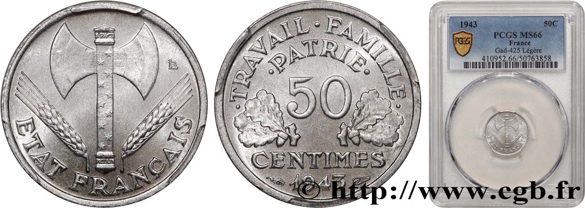 50 centimes Francisque, légère 1943  F.196/2 FDC66 PCGS