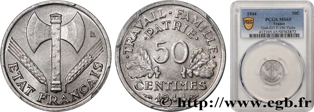 50 centimes Francisque, légère 1944  F.196/4 MS65 PCGS