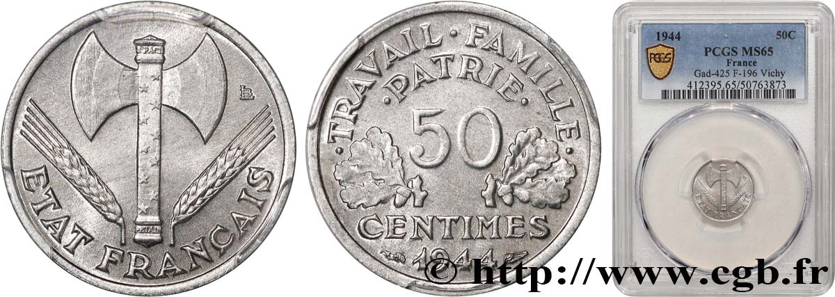 50 centimes Francisque, légère 1944  F.196/4 MS65 PCGS