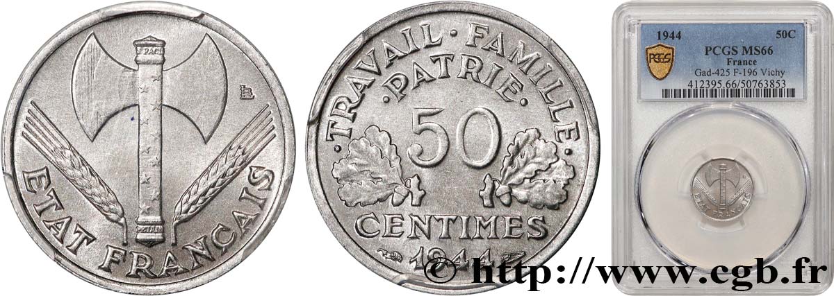 50 centimes Francisque, légère 1944  F.196/4 MS66 PCGS